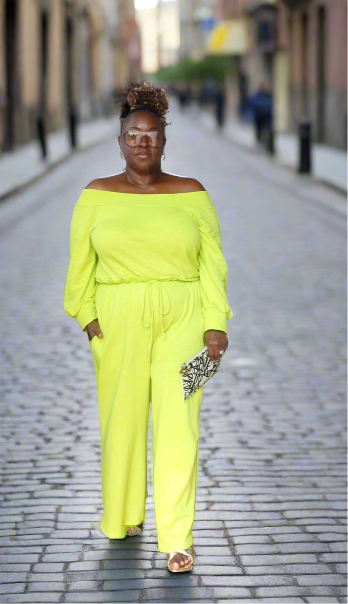 Easy to wear off the shoulder jumpsuit.
